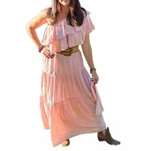 NEW PEARL AND CAVIAR anna one shoulder ruffle maxi dress in pink